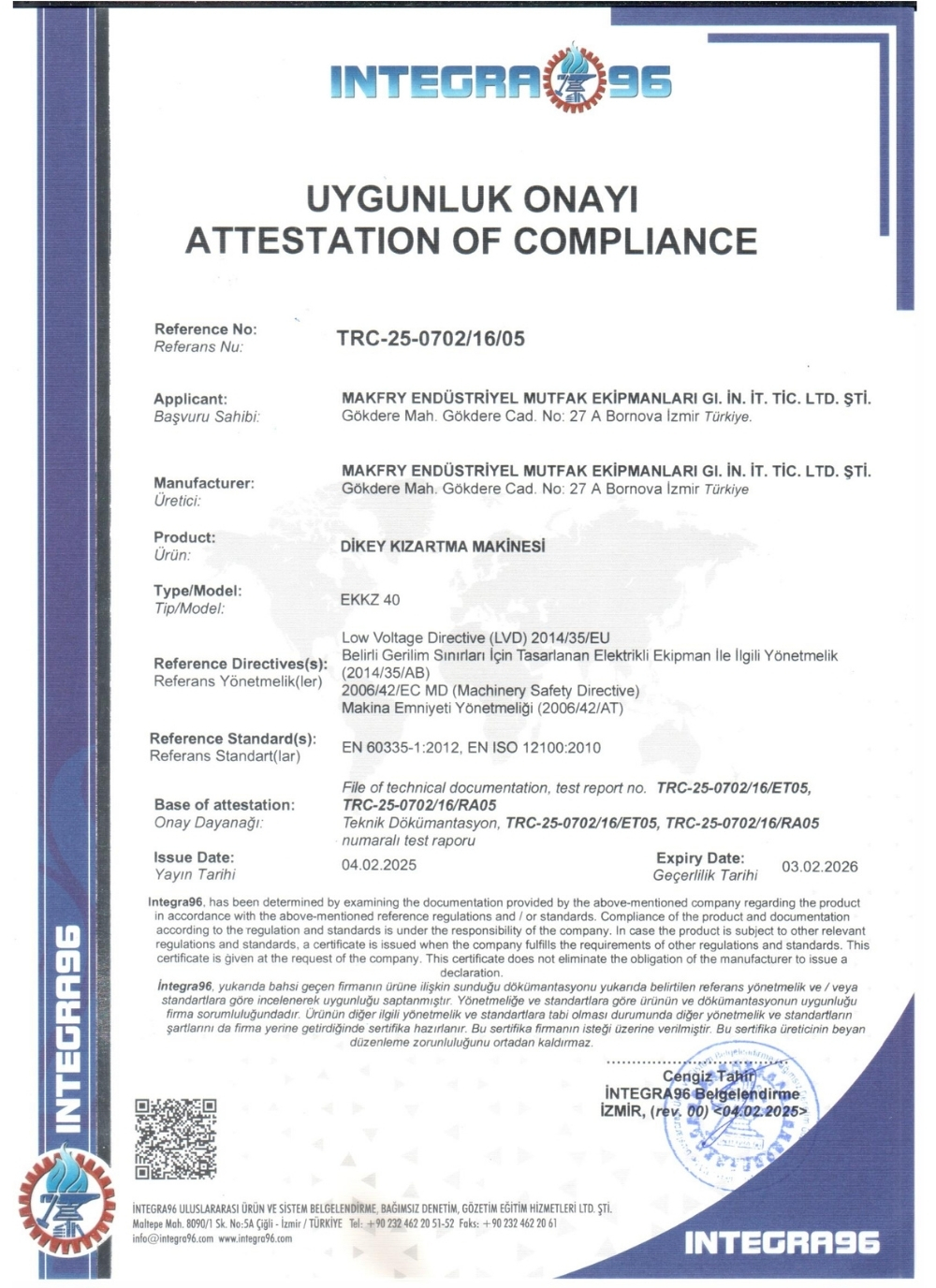 EKKZ-40 Dikey Kızartma Makinesi CE Belgesi