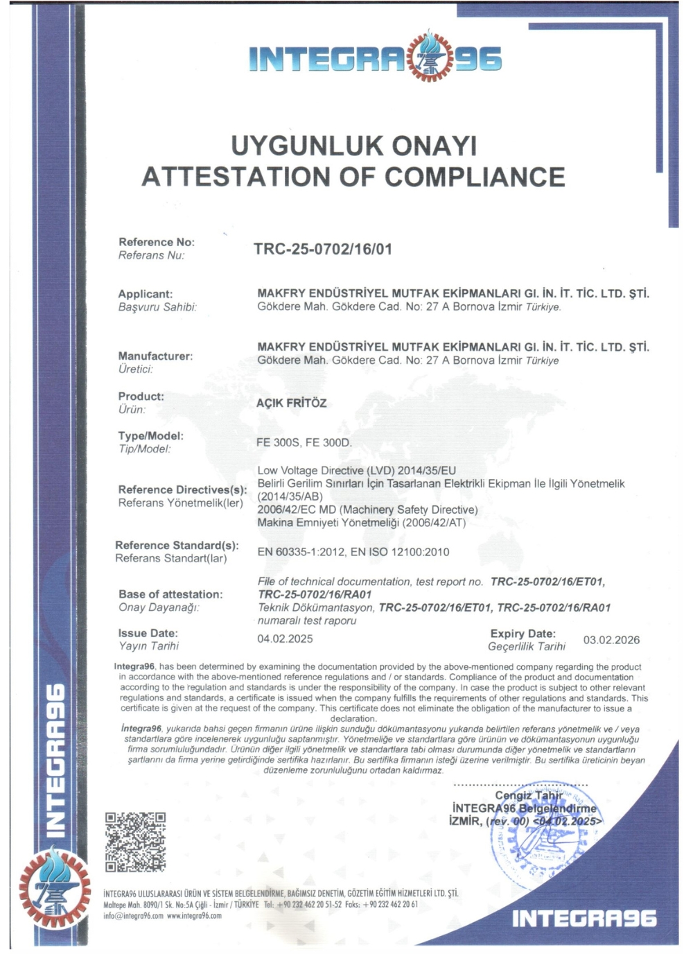 FE300 Açık Fritöz CE Belgesi