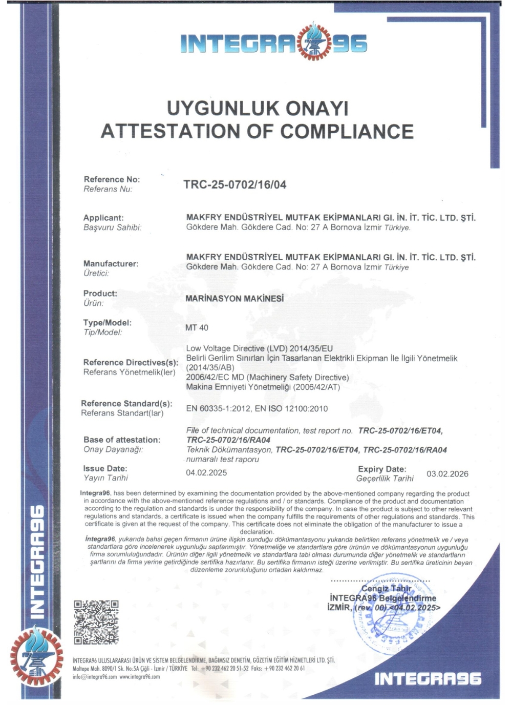 MT-40 Marinasyon Makinesi CE Belgesi