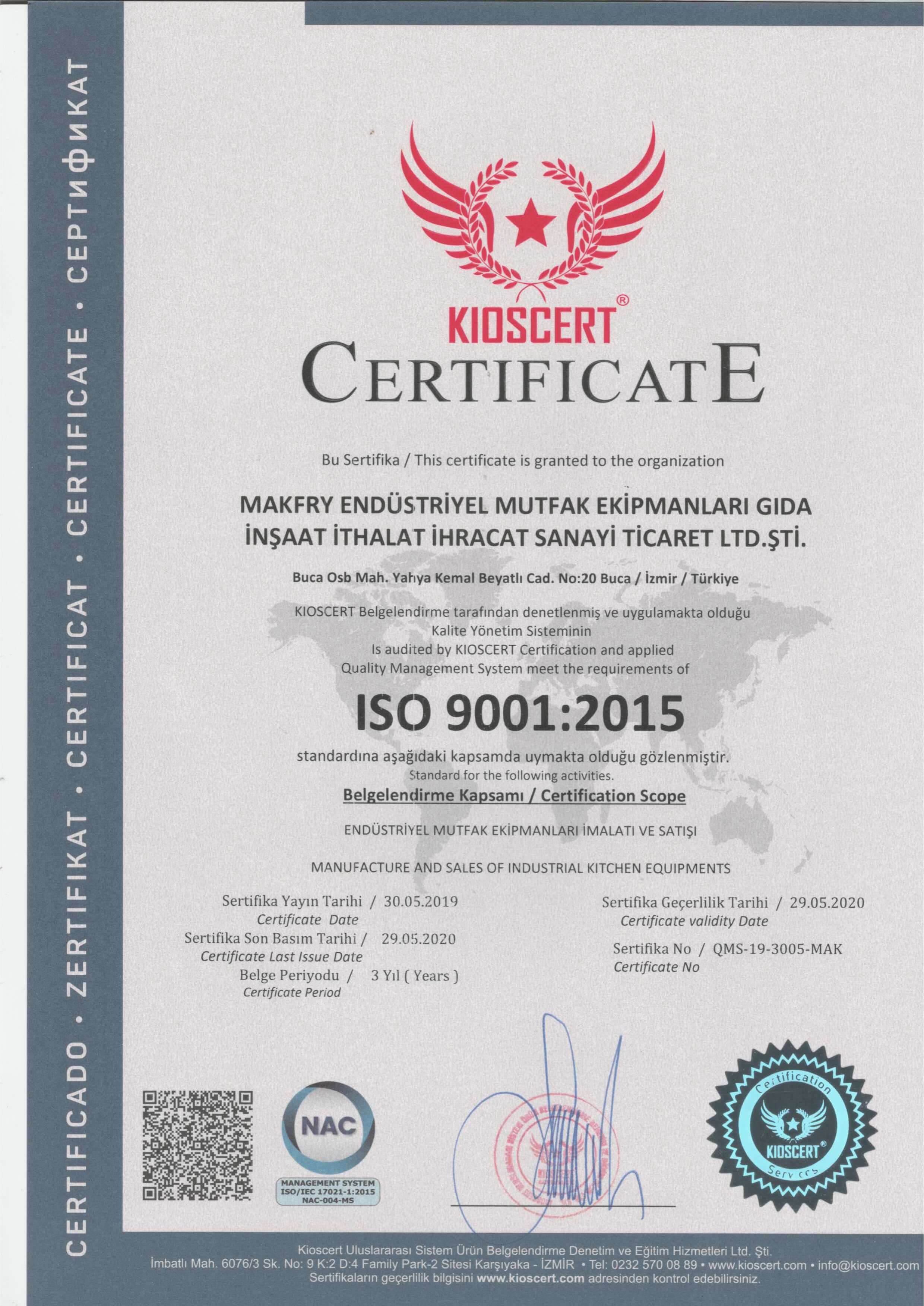 ISO 9001:2015 Kalite Yönetim Sistemi Sertifikası